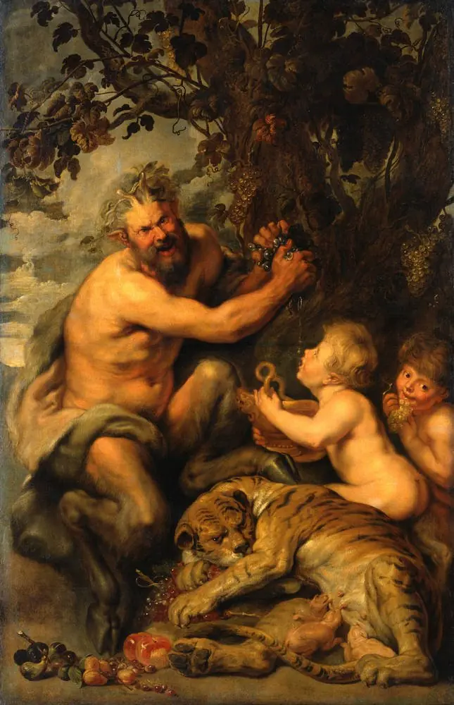 A Satyr pressing Grapes with a Tiger and Two Children, by Unknown, 1619