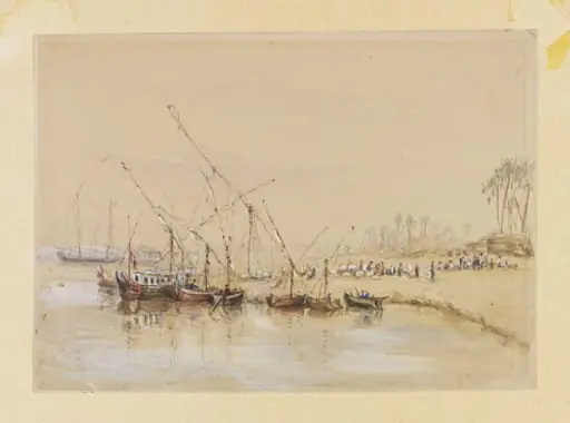 A Scene on the Nile: with dahabiyyahs and bales of cotton being loaded into feluccas, by Unknown