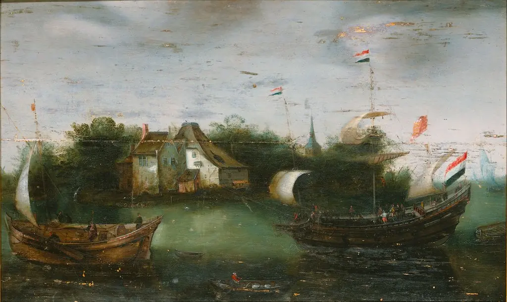A sea-going vessel sailing into an inland waterway, by Unknown