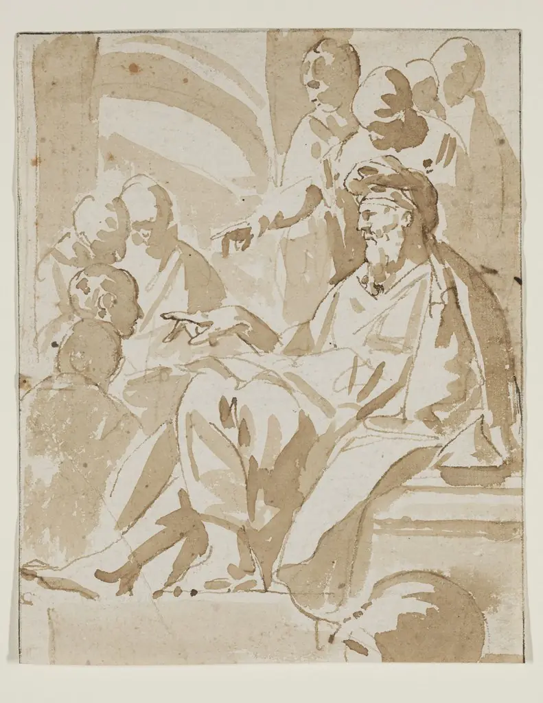 A Seated Old Man, Pointing with his Right Hand and Other Figures, by Unknown