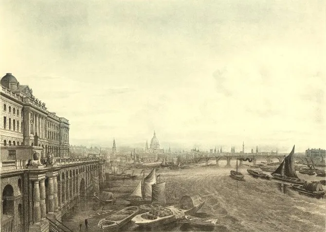A South View of Somerset House, from Waterloo Bridge, by Unknown, unspecified, 1817