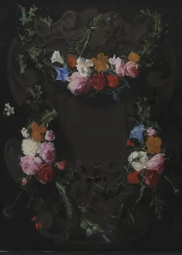 A Stone Cartouche with a Garland of Flowers, by Unknown