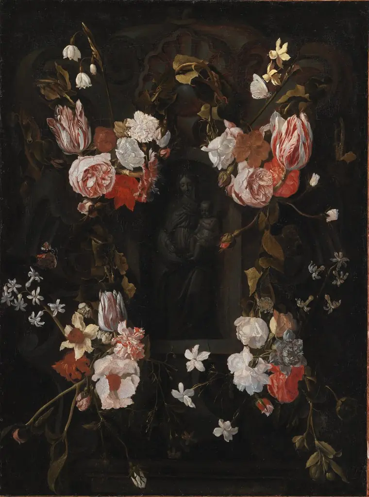 A Stone Cartouche with Virgin Mary and the Infant Christ in a Niche encircled by a Garland of Flowers, by Unknown