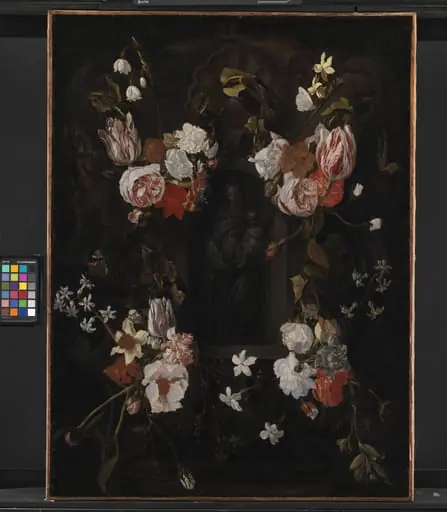 A Stone Cartouche with Virgin Mary and the Infant Christ in a Niche encircled by a Garland of Flowers, by Unknown