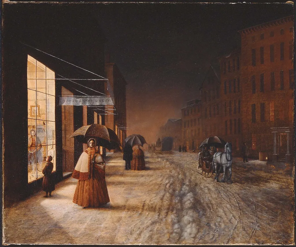 A Street in Winter: Evening, by Unknown, oil, 1855