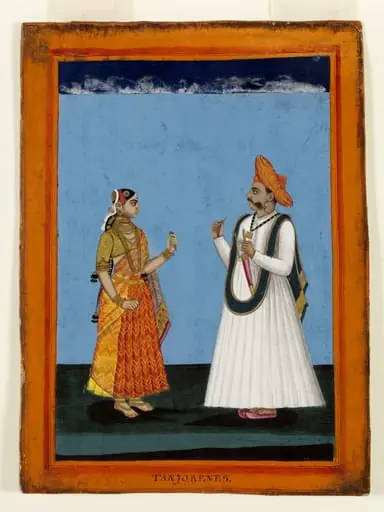 A Tanjore man in a white 'jama' holding 'pan' ., by Unknown