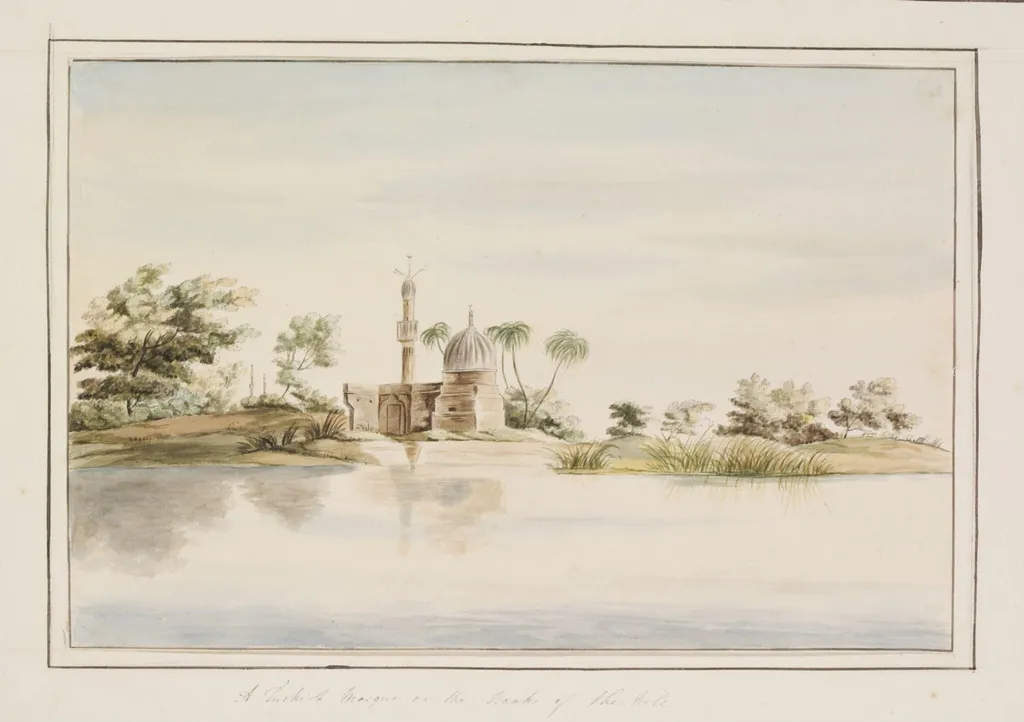 A Turkish Mosque on the Banks of the Nile, by Unknown, watercolor, 1825