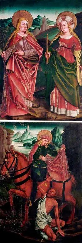 A Virgin Martyr and (possibly) Saint Beatrice (top panel); Saint Martin Dividing His Cloak (bottom panel) (right wing of an altarpiece, exterior), by Unknown, 1505