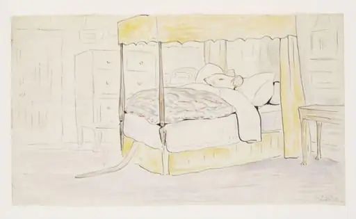 A white mouse in a four-poster bed, by Unknown