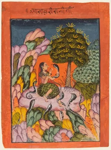 A Woman Charms Snakes in the Wilderness: Asavari Ragini, from a Ragamala, by Unknown