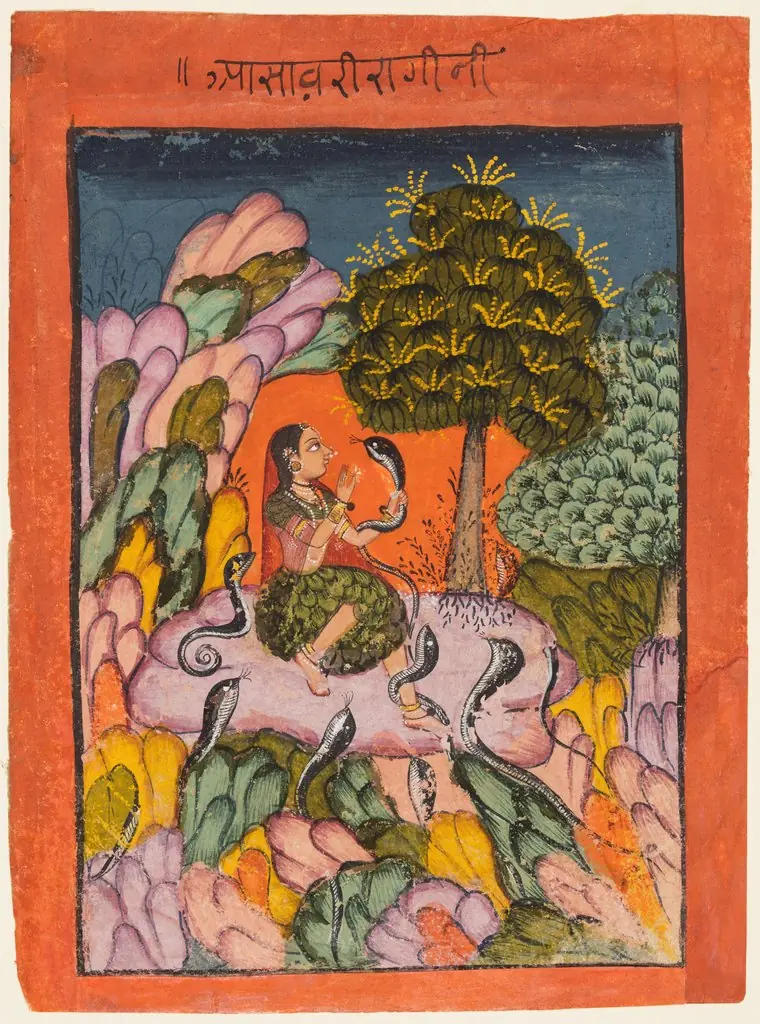 A Woman Charms Snakes in the Wilderness: Asavari Ragini, from a Ragamala, by Unknown