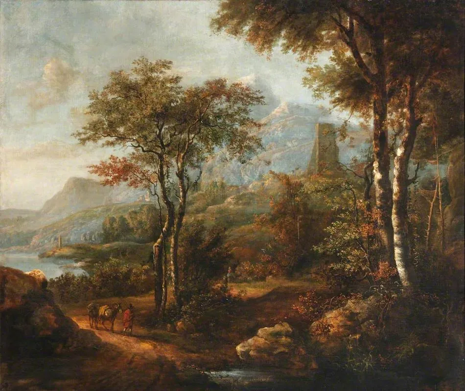 A Wooded Landscape with a Lake and Hills beyond, by Unknown, oil, 1749