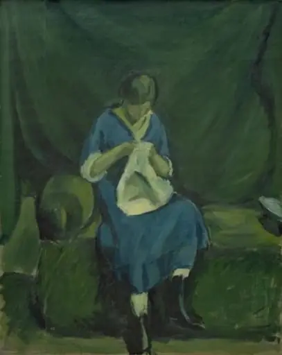 A Young Girl Sewing, by Unknown