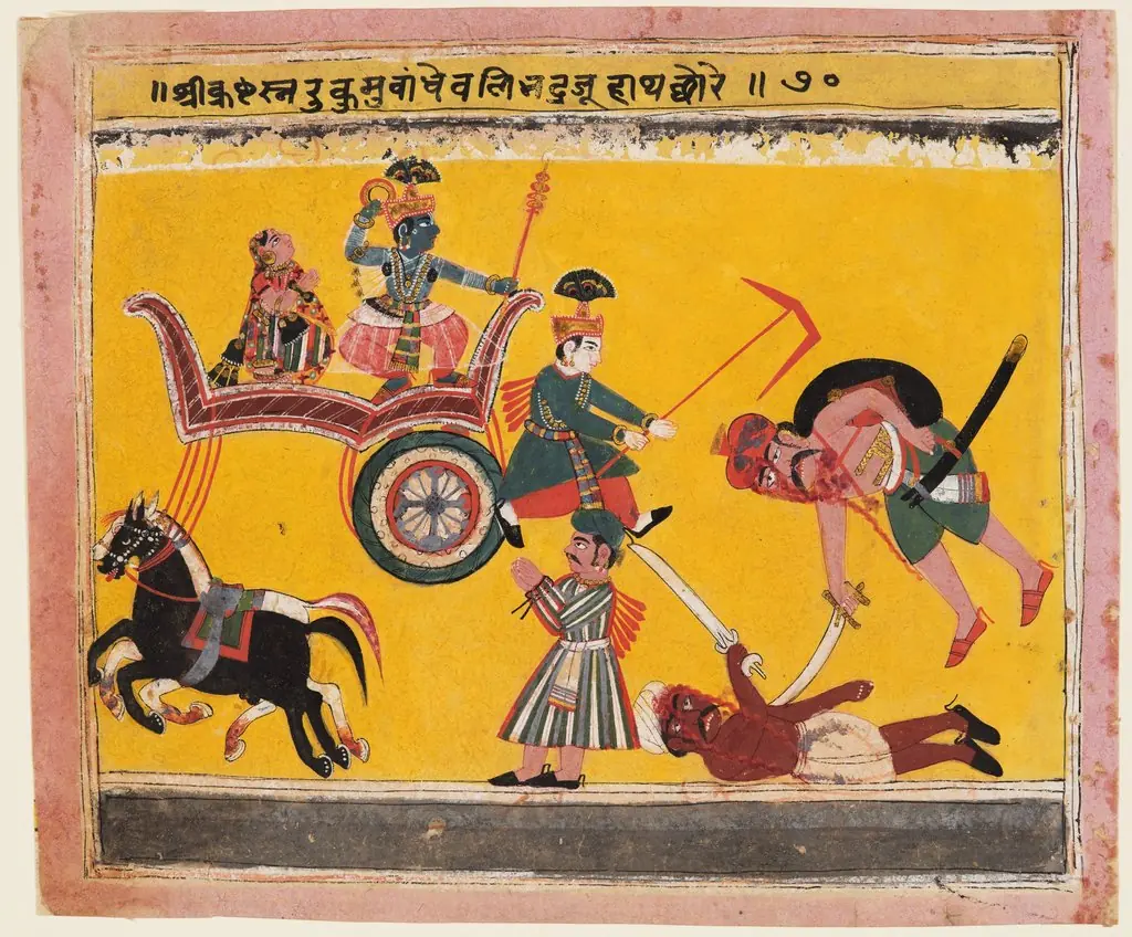 Abduction of Rukmini: Krishna Tied the Hands of Rukma, from a Bhagavata Purana, by Unknown, 1640