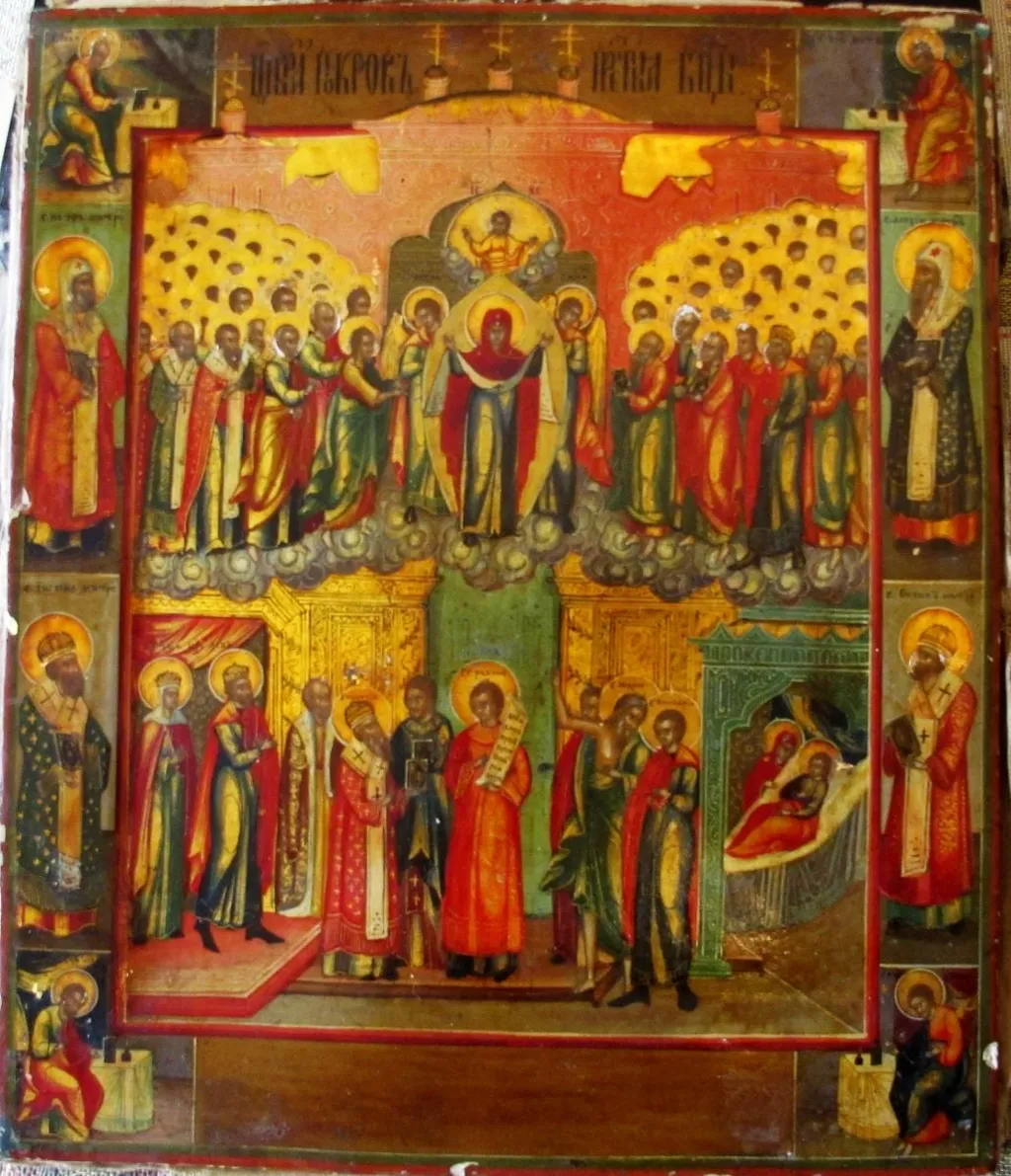 Acoperământul Maicii Domnului, înconjurată de cetele Sfinților Părinți și ale Prorocilor, by Unknown, 1850