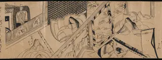 "Akashi", "Channel Buoys" ("Miotsukushi"),  "The Wormwood Patch" ("Yomogiu"),  "Gatehouse" ("Sekiya"), and  "Picture Contest" ("E-awase") chapters from the Tale of Genji (Genji monogatari), by Unknown, 1492