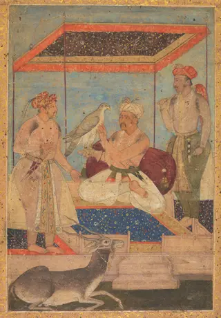 Akbar and Jahangir Examine a Ghir Falcon while Prince Khusrau Stands Behind, by Unknown, 1603