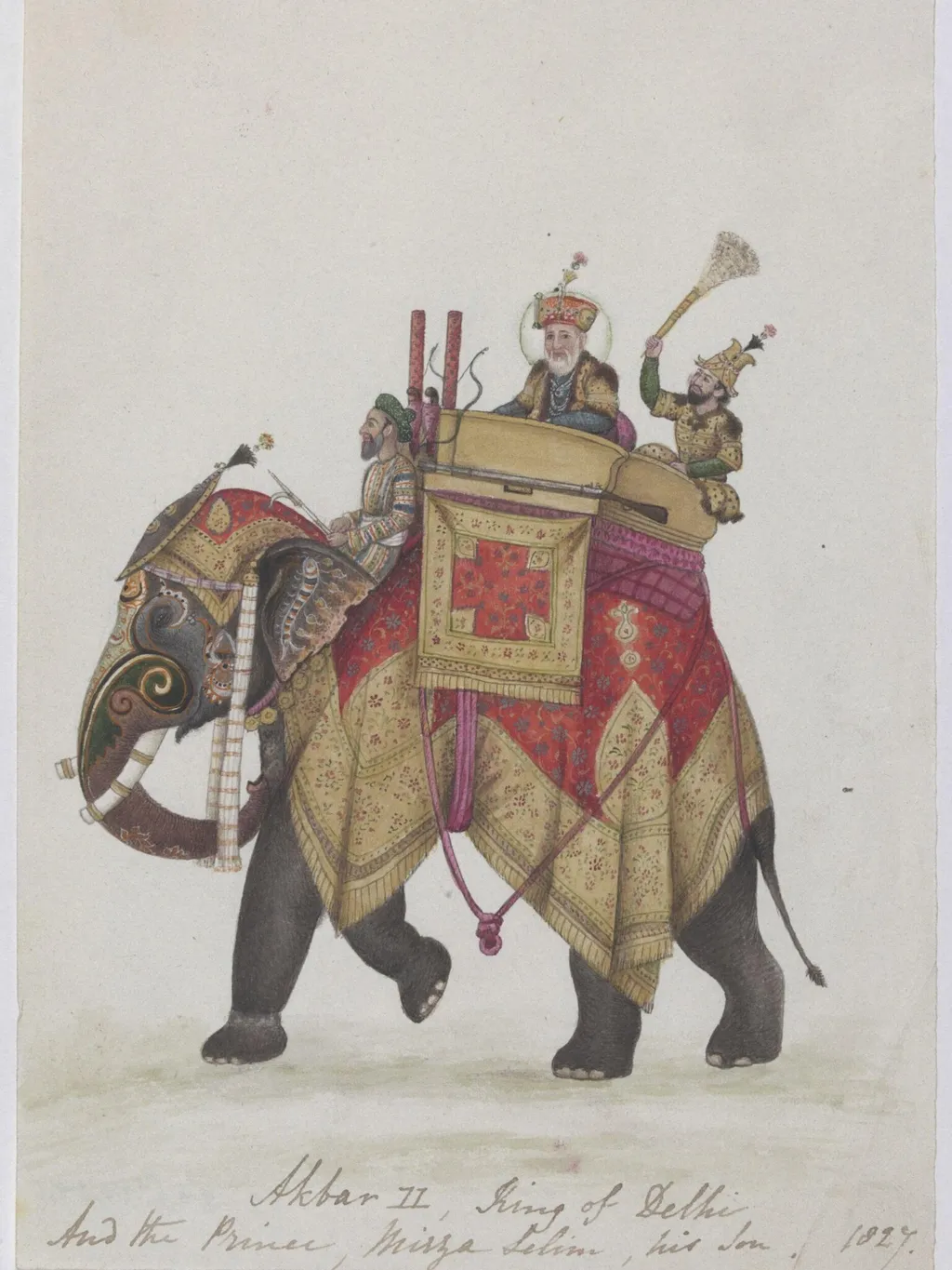 Akbar II on an elephant, by Unknown, paint, 1827
