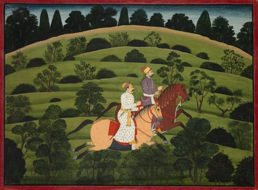 Akrura and Kritavarma flee Dvaraka, page from the "Large Basohli Bhagavata Purana", by Unknown, unspecified, 1762