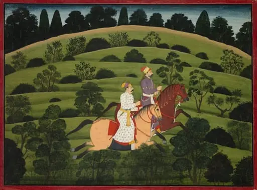 Akrura and Kritavarma flee Dvaraka, page from the "Large Basohli Bhagavata Purana", by Unknown