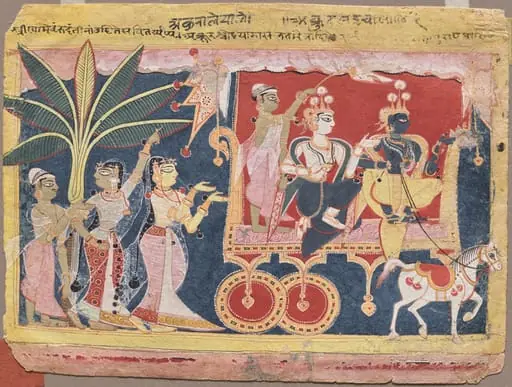 Akrura Drives Krishna and Balarama to Mathura, from the “Isarda Bhagavata Purana”, by Unknown