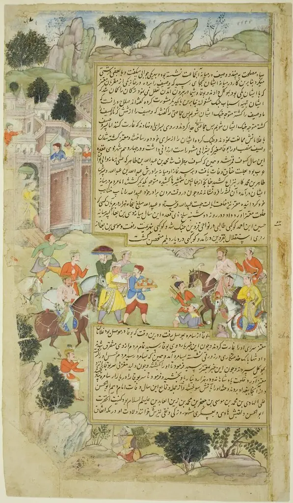 Al-Mu'tazz Sends Gifts to Abdulla ibn Abdulla, from the Tarikh-i Alfi manuscript, Tarikh-i-Alfi, by Unknown