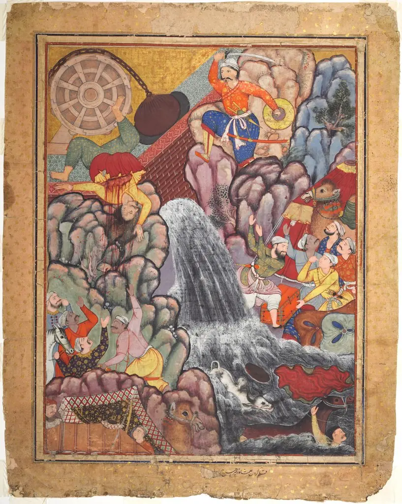 Alamshah cleaving asunder the chain of the wheel, from volume 11 of a Hamza-nama (Adventures of Hamza), by Unknown