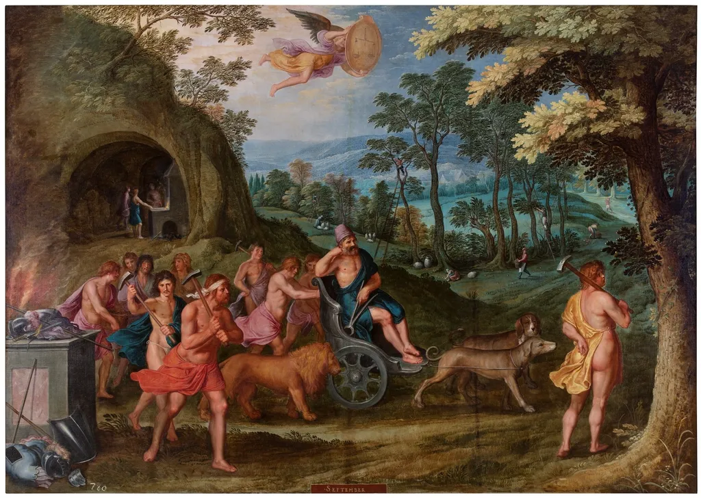 Alegoría del mes de Septiembre con el triunfo de Vulcano y el signo de Libra, by Unknown, oil, 1593