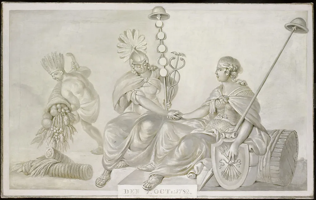Allegory of the Treaty of Amity and Commerce between their High Mightinesses, the States General of the United Netherlands, and the United States of America, 1782, by Unknown, oil, 1792