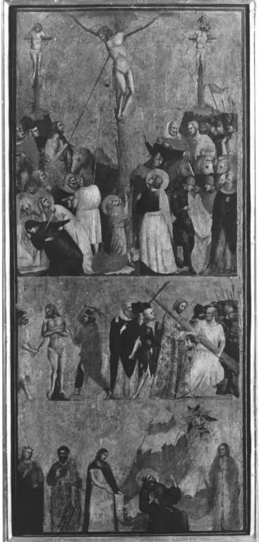 Altarflügel: Christus am Kreuz, Geißelung und Kreuztragung Christi, Stigmatisierung des hl. Franziskus, by Unknown