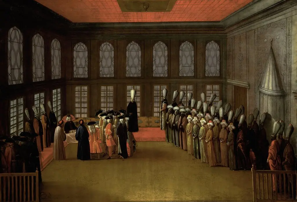 An Ambassador's Audience with the Grand Vizier in his Yali on the Bosporus (Ambassador Cornelis Calkoen, 12 August 1727), by Unknown