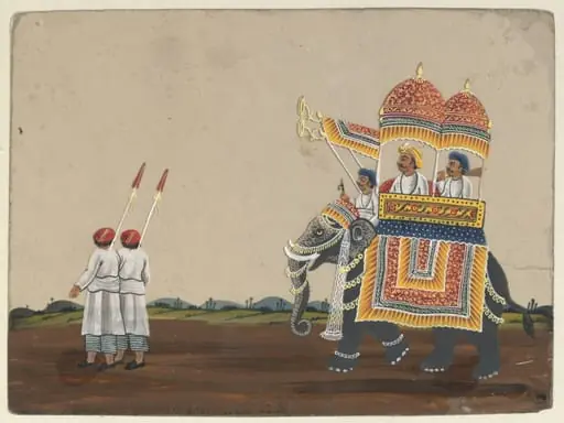 An elephant with a howdah, by Unknown