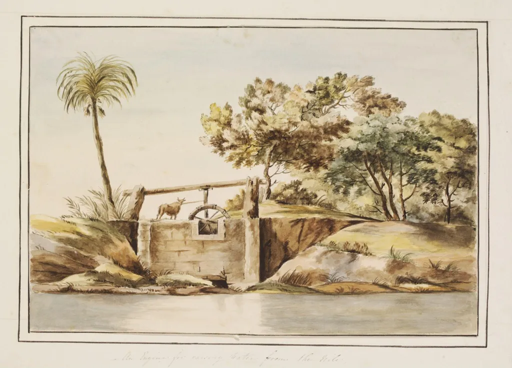 An Engine for raising Water from the Nile, by Unknown, watercolor, 1825