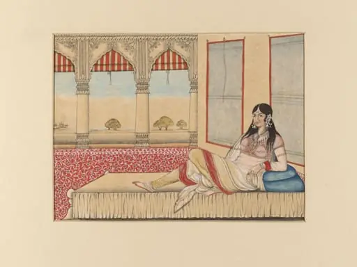 An Indian lady reclining on a couch in the open verandah of a palace., by Unknown