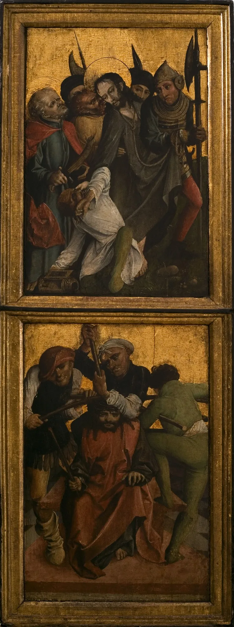 Annunciation, Adoration of the Shepherds (carved obverse); Capture of Christ, Crowning with Thorns (painted reverse). Inner left wing of the altar retable from Lusina, by Unknown, unspecified, 1500