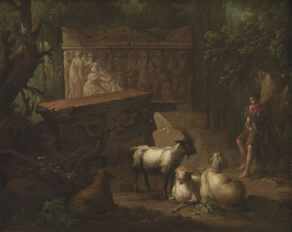 Antikke ruiner omgivet af træer, i forgrunden en hyrde og nogle geder, by Unknown, 1750