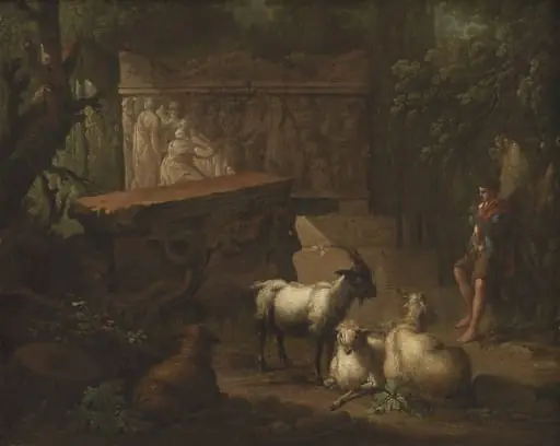 Antikke ruiner omgivet af træer, i forgrunden en hyrde og nogle geder, by Unknown