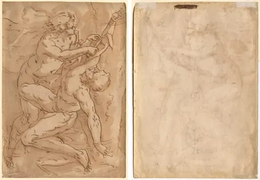 Apollo Flaying Marsyas (recto); Two Sketches of a Mother and Child (verso), by Unknown