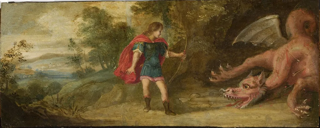 Apollo killing Python (Ovid, Metamorphoses, I, 438ff.), by Unknown, unspecified, 1625
