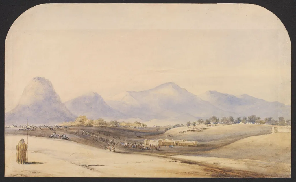 Arabs and their Camels surprised by Cavalry, by Unknown, watercolor, 1835