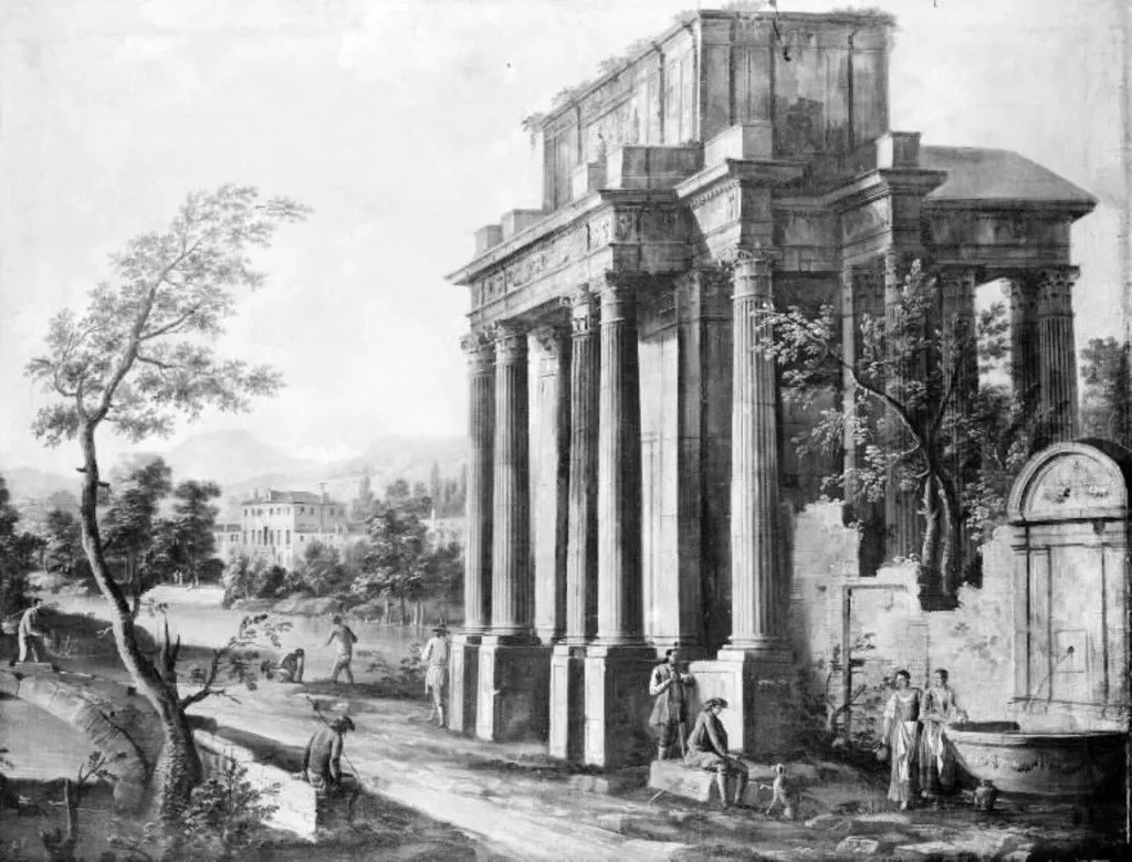 Architectural Study with Columns and a Fountain, by Unknown, 1750