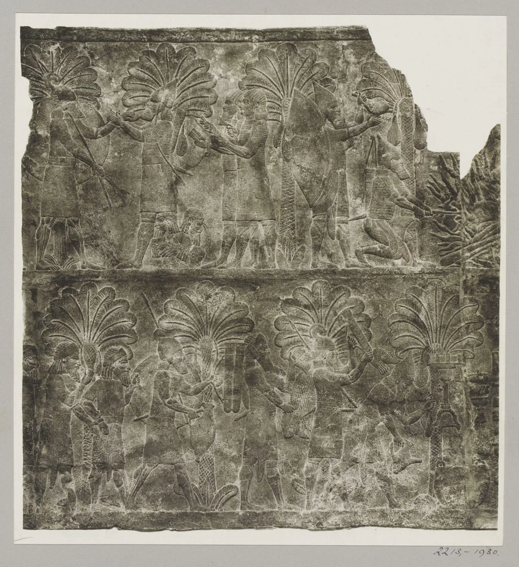 Assyrian reliefs depicting Ashurbanipal and warriors in their camp at Nineveh (Kuyuryick). London, British Museum, by Unknown, photographic, 1924