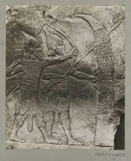Assyrian slab of archers and spearmen, from the Palace of Shur-Bari-Pal (BC. 668-626), at Nineveh. ca. 660 B.C., by Unknown