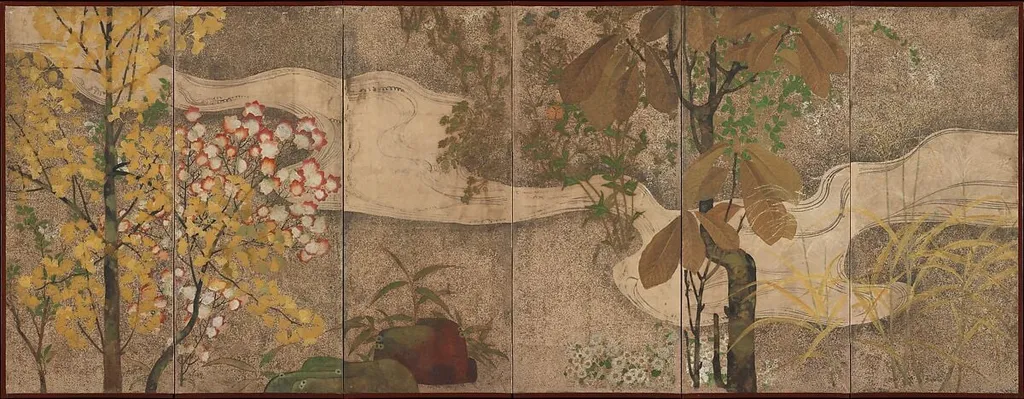 渓流春秋草木図屏風|Autumn Trees and Grasses by a Stream, by Unknown, ink, 1700