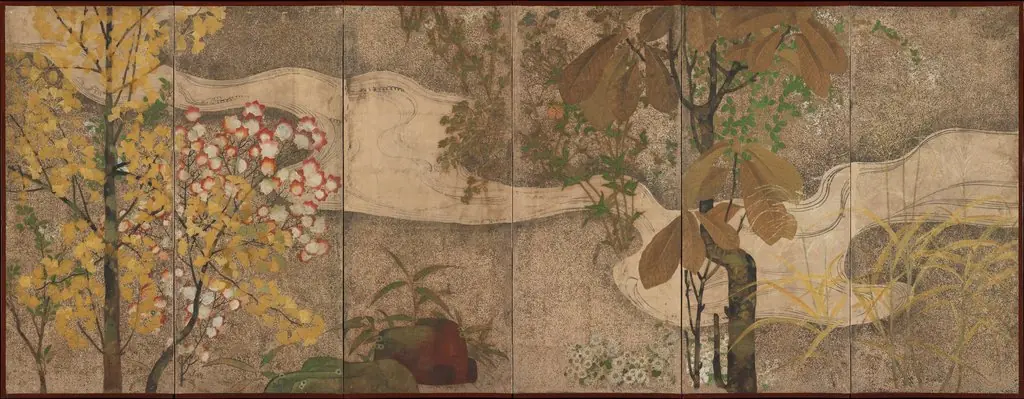 Autumn Trees and Grasses by a Stream, by Unknown
