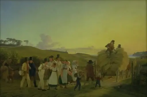 Bønder vender hjem fra marken med det sidste læs korn, by Unknown