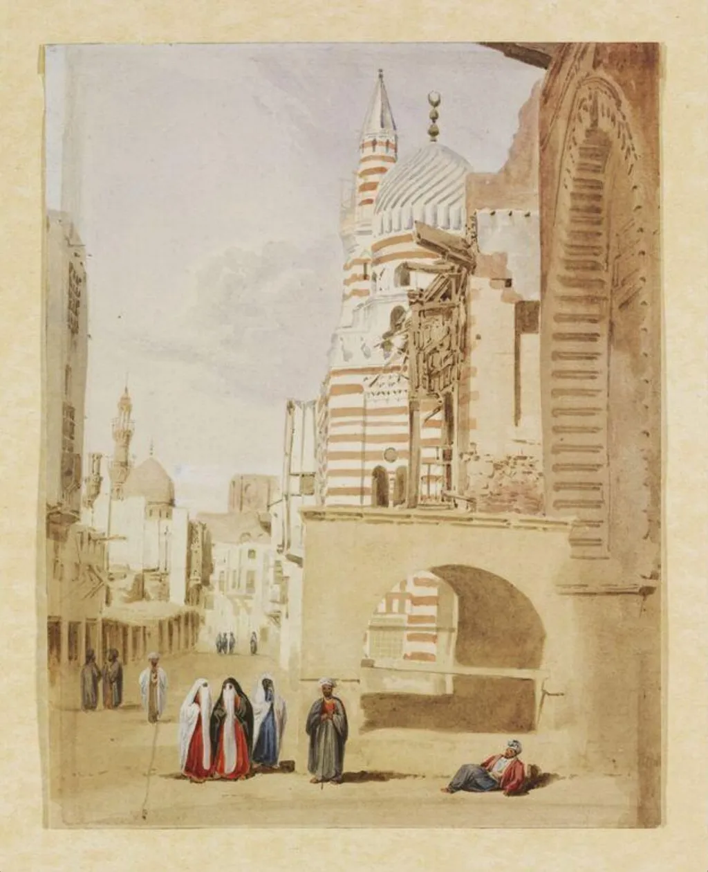 Bab al-Wazir street and the mosque of Aytmish al-Bajasi, Cairo, by Unknown, watercolor, 1850