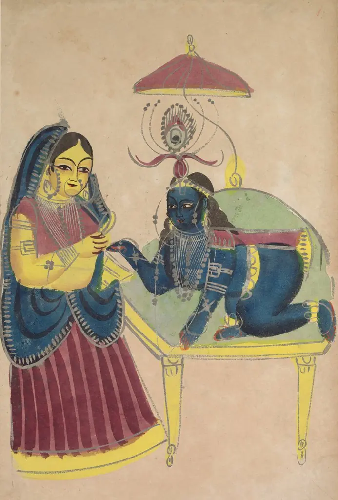 Baby Krishna Asking for Butter from Yashoda, from a Kalighat album, by Unknown, 1896
