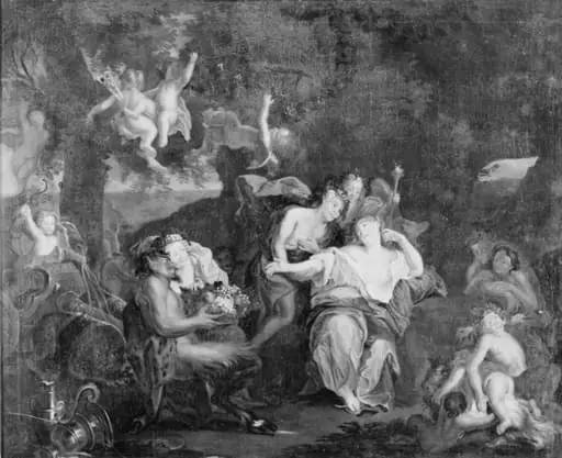 Bacchus og Ariadne sidder sammen i et landskab omgivne af amoriner, bacchantinder og satyrer, by Unknown
