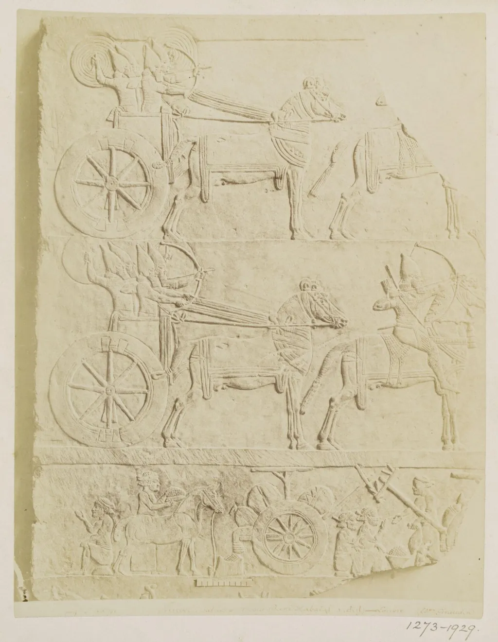 Bas-relief showing chariots, war and mounted warriors and a bivouac from Palace of Kuyunjik, period of Ashua-bari-pal (668-626 B.C.). Paris: Louvre, by Unknown, photographic, 1884